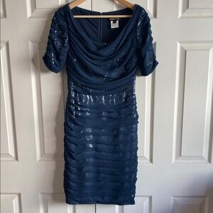 Tadashi Shoji Elegant Navy Chiffon Sequin Dress
